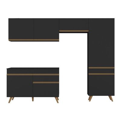 Armário Cozinha Modulada Compacta 252cm Com Balcão Veneza Multimóveis Mp3762 Preto/dourado
