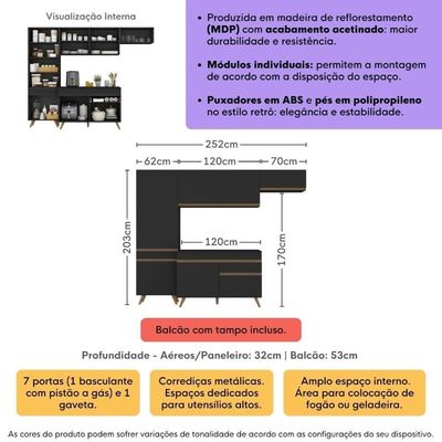 Armário Cozinha Modulada Compacta 252cm Com Balcão Veneza Multimóveis Mp3760 Preto/dourado