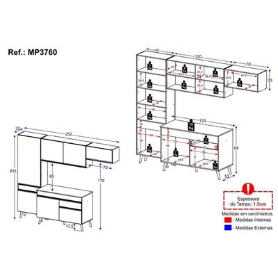 Armário Cozinha Modulada Compacta 252cm Com Balcão Veneza Multimóveis Mp3760 Preto/dourado