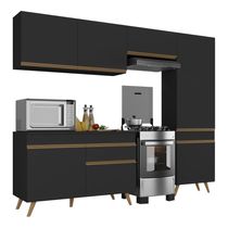 Armário Cozinha Modulada Compacta 252cm Com Balcão Veneza Multimóveis Mp3762 Preto/dourado