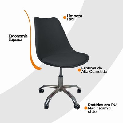 Cadeira Office Oficial Cromada Com Rodízio Saarinen Preto