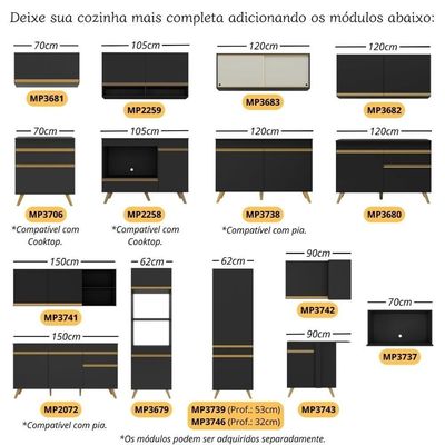 Armário Cozinha Modulada Compacta 252cm Com Balcão Veneza Multimóveis Mp3760 Preto/dourado