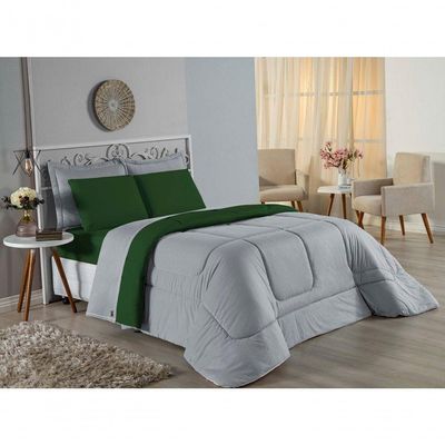Edredom Queen Nobre 1 Peça Dupla Face 2,40m X 2,60m Malha 100% Algodão - Cinza / Verde-bandeira