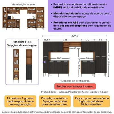 Armário Cozinha Modulada Completa 329,5cm Pequim Top Multimóveis Mp3767 Madeirado-preto