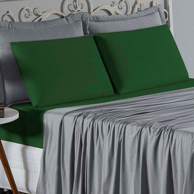 Jogo De Cama Casal Viúva Nobre 4 Peças Malha 100% Algodão - Cinza / Verde-bandeira