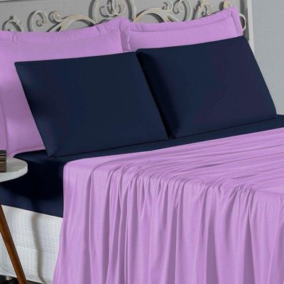 Jogo De Cama Casal Viúva Nobre 4 Peças Malha 100% Algodão - Lilás / Azul-marinho