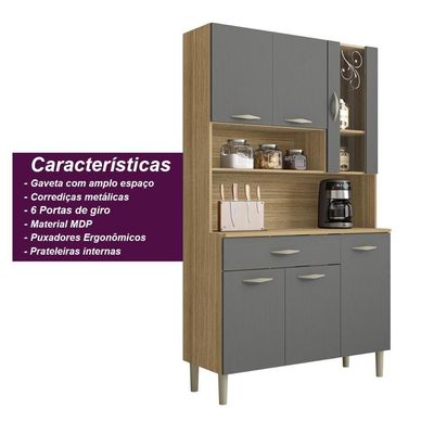 Armário De Cozinha Compacta 6 Portas 1 Gaveta Paris - Freijó/gris