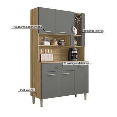 Armário De Cozinha Compacta 6 Portas 1 Gaveta Paris - Freijó/gris