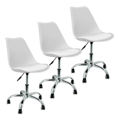 Kit 3 Cadeira Home Office Leda Giratória, Base Cromada Com Rodízios, Regulagem De Altura,branco
