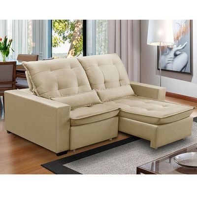 Sofa Retratil Reclinavel 2 Lugares 2,50m Atlantis Veludo Bege Lansofbr
