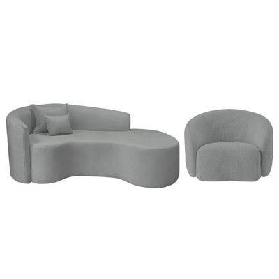 Kit Recamier Curvo Sala De Estar Inglaterra 180cm Lado Direito E Poltrona Orgânica Bouclé Cinza