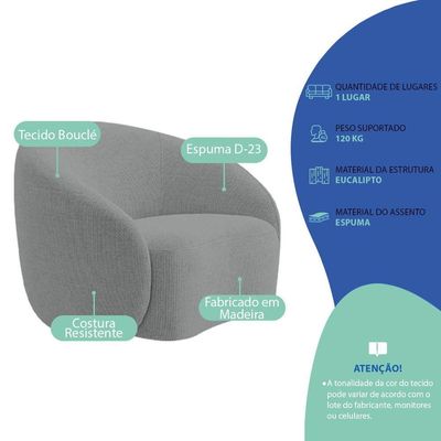 Kit Recamier Curvo Sala De Estar Inglaterra 180cm Lado Direito E Poltrona Orgânica Bouclé Cinza