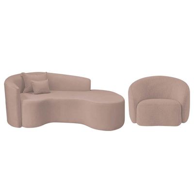 Kit Recamier Curvo Sala De Estar Inglaterra 180cm Lado Direito E Poltrona Orgânica Linho Rosê