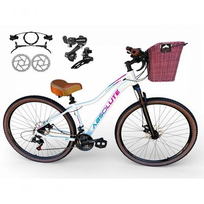 Bicicleta Aro 29 Feminina Absolute Hera Retrô Vintage Shimano 21v Hidráulica  Cesta Branco Tam 17