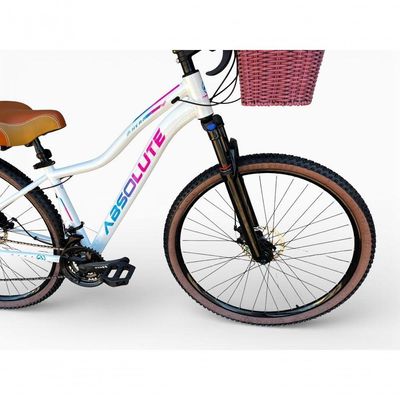 Bicicleta Aro 29 Feminina Absolute Hera Retrô Vintage Shimano 21v Hidráulica  Cesta Branco Tam 17