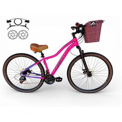 Bicicleta Aro 29 Feminina Absolute Hera Retrô Vintage 21v Hidráulica Selim  Cesta Rosa-lilas Tam 17