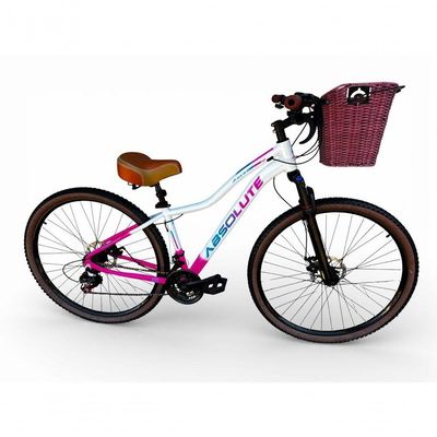 Bicicleta Aro 29 Feminina Absolute Hera Retrô Vintage 21v  Cesta Selim 2 Molas Branco-rosa Tam 15