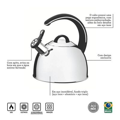Chaleira Tramontina Com Apito Em Aço Inox Fundo Triplo Cabo Preto 3,3 L 61488213