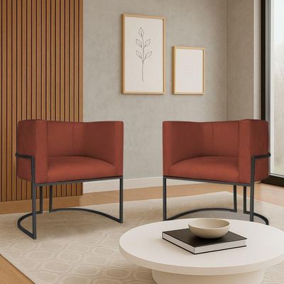 Kit 2 Poltronas Dália Luxo Moderna Estofada Design Sofisticado Com Base Ferro Preto Bouclé Terracota