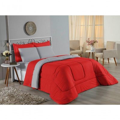 Kit Edredom Dupla Face + Jogo De Lençol Casal Nobre 6 Peças Malha 100% Algodão - Vermelho / Cinza