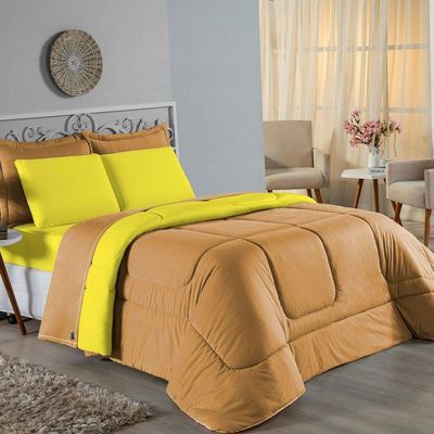 Kit Edredom Dupla Face + Jogo De Lençol Queen Nobre 6 Peças Malha 100% Algodão - Cobre / Amarelo