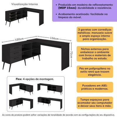 Escrivaninha De Canto Em L Com 3 Gavetas Porto Multimóveis Mp6036 Preto