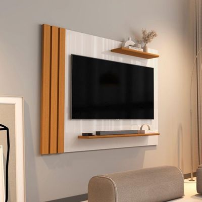 Painel Para Tv Até 40 Polegadas Detalhe Ripado Com Prateleiras Aden Off White / Madeirado