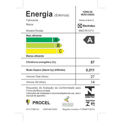 Micro-ondas Electrolux 27L Branco com 55 receitas pré-programadas e Função Tira Odor (MB37R) 127V