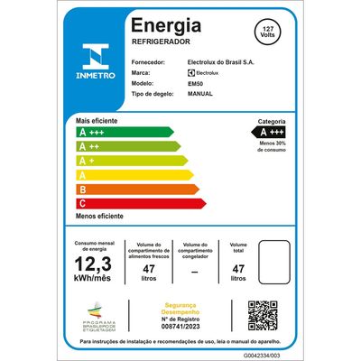 Frigobar Electrolux 47L Efficient com Controle de Temperatura Cor Branca (EM50) 127V