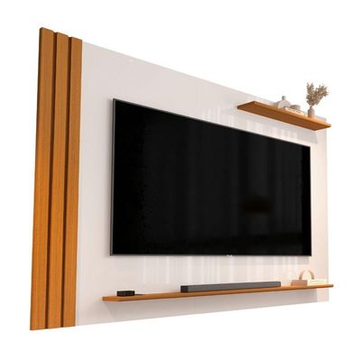 Painel Para Tv Até 65 Polegadas Detalhe Ripado Com Prateleiras Aden Off White / Madeirado