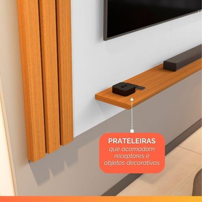 Painel Para Tv Até 65 Polegadas Detalhe Ripado Com Prateleiras Aden Off White / Madeirado