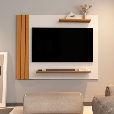 Painel Para Tv Até 65 Polegadas Detalhe Ripado Com Prateleiras Aden Off White / Madeirado