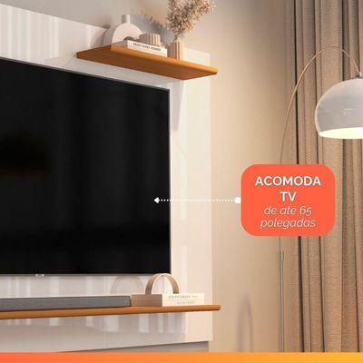 Painel Para Tv Até 65 Polegadas Detalhe Ripado Com Prateleiras Aden Off White / Madeirado