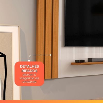Painel Para Tv Até 65 Polegadas Detalhe Ripado Com Prateleiras Aden Off White / Madeirado