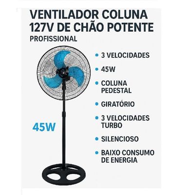 Ventilador Coluna Pedestal 115cm 127v 3 Velocidades Silencioso Oscilante Potente Baixo Consumo 45W