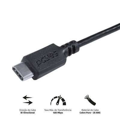 Cabo Celular Usb Tipo C 2.0 Tipo C 2m Preto