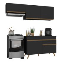 Armário Cozinha Modulada Compacta Com Balcão 3 Peças Veneza Multimóveis Mp3765 Preto/dourado
