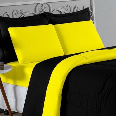 Kit Edredom Dupla Face + Jogo De Lençol Casal Nobre 7 Peças Malha 100% Algodão - Preto / Amarelo