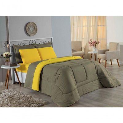 Kit Edredom Dupla Face + Jogo De Lençol Queen Nobre 6 Peças Malha 100% Algodão - Avelã / Amarelo