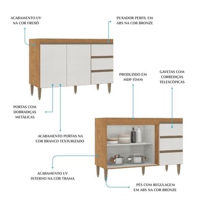 Balcão Para Pia 120cm Cozinha Modulada Paris Menu Móveis Freijó/branco
