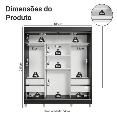 Guarda-roupa Casal Com Pés 3 Portas De Correr Com Espelhos Preto Branco Reno Madesa
