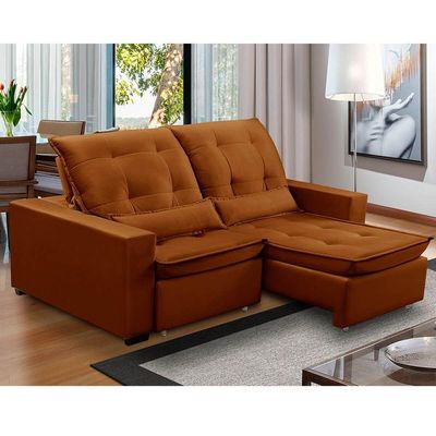 Sofa Retratil Reclinavel 2 Lugares 2,50m Atlantis Veludo Laranja Lansofbr