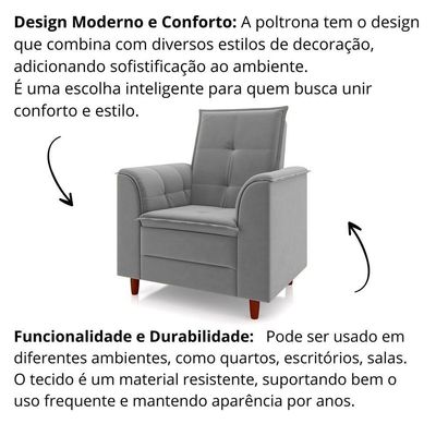 Poltrona Para Sala Confortável Decorativa Isa Veludo cinza