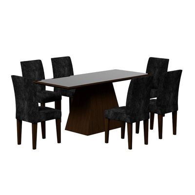 Conjunto de Mesa de Jantar Clara II com Vidro e 6 Cadeiras Grécia Suede Castor e Preto