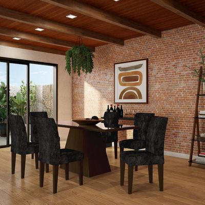 Conjunto de Mesa de Jantar Clara II com Vidro e 6 Cadeiras Grécia Suede Castor e Preto