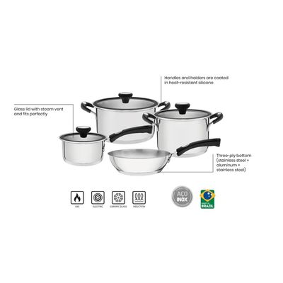 Jogo de Panelas Tramontina Solar Silicone em Aço Inox 4 Peças