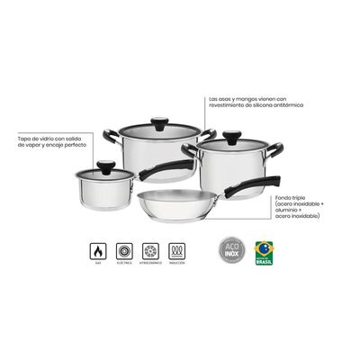 Jogo de Panelas Tramontina Solar Silicone em Aço Inox 4 Peças