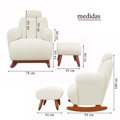 Poltrona De Amamentação Aurora Com Puff Balanço Madeira Maciça Tecido Chenille Francês Off White