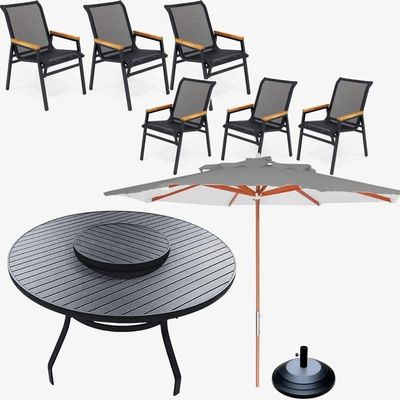 Jogo De Mesa Giratória 6 Cadeiras Resistente Piscina área Externa + Guarda Sol Preto