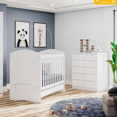 Berço Nacional E Cômoda Infantil Bala De Menta Branco - Henn